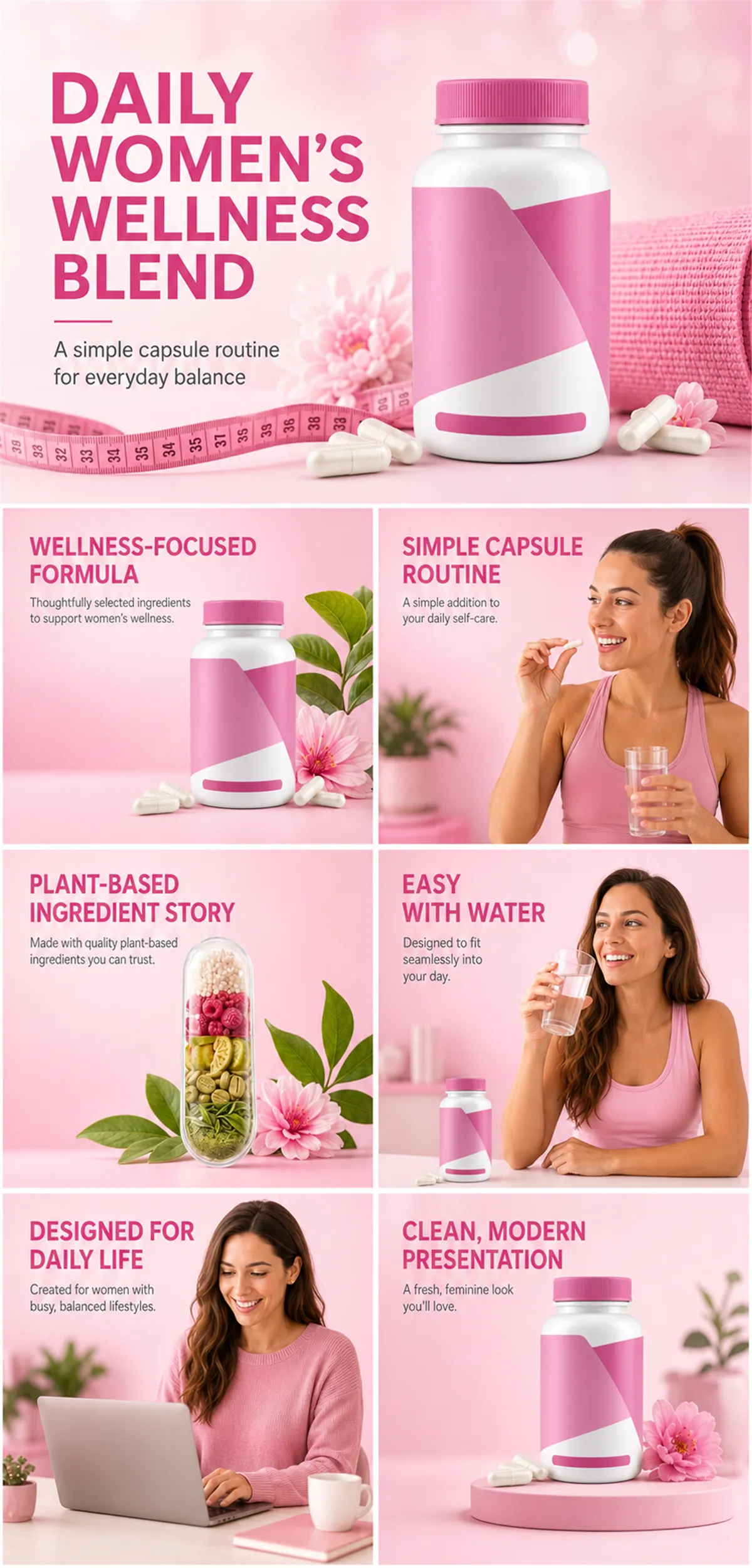 每日女性健康混合膳食补充剂瓶｜AI图像生成提示词