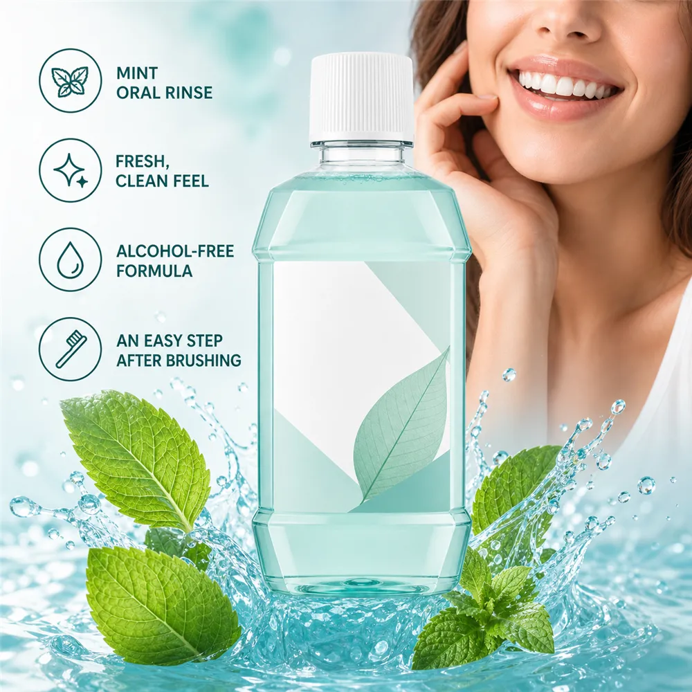 薄荷漱口瓶，带有清新叶片｜AI图像生成提示词