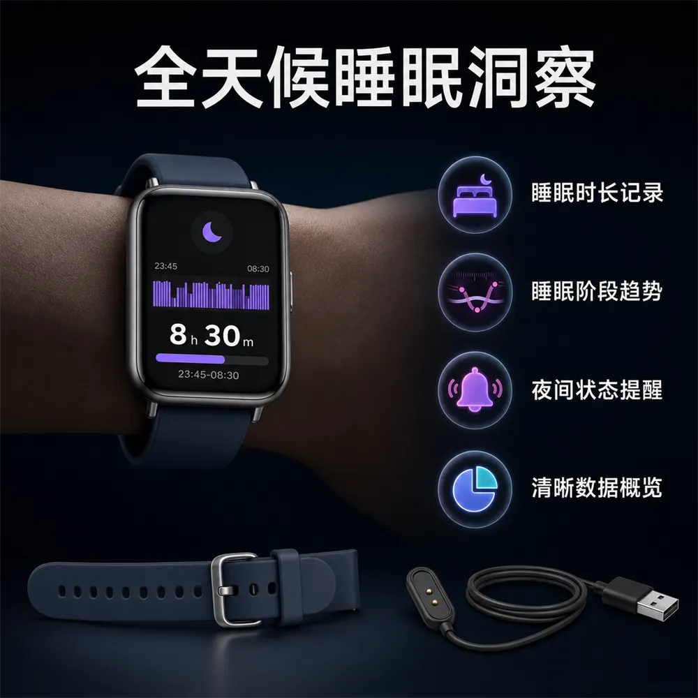 智能手表呈现全天候睡眠追踪数据｜AI图像生成提示词