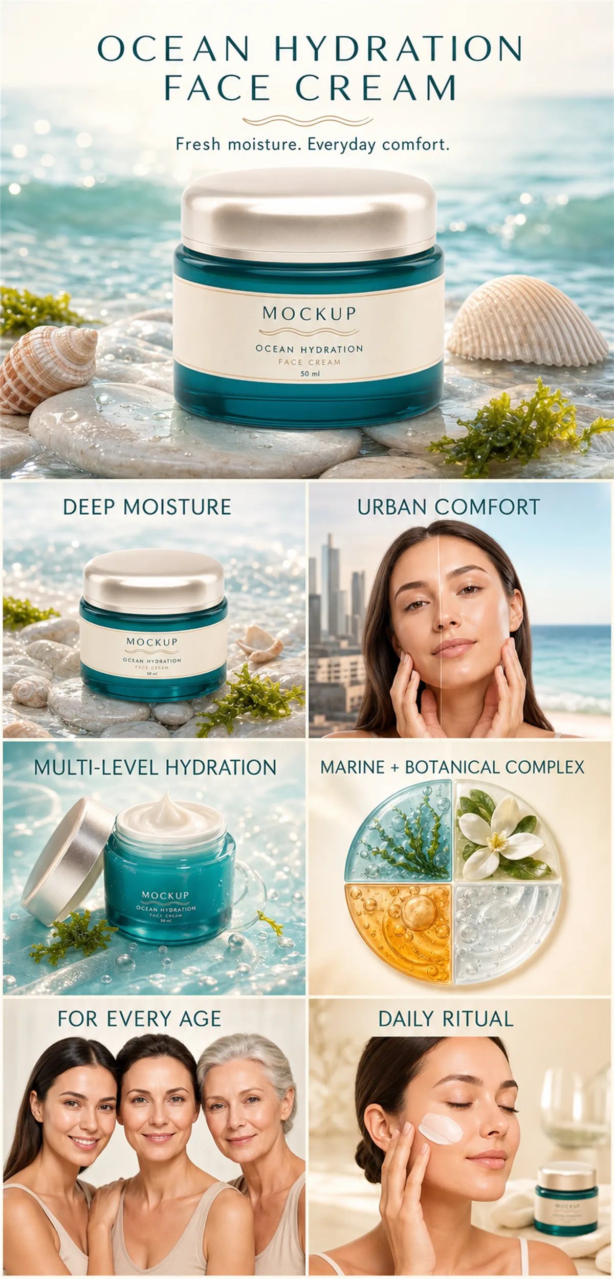 海洋补水面霜产品样机｜AI图像生成提示词