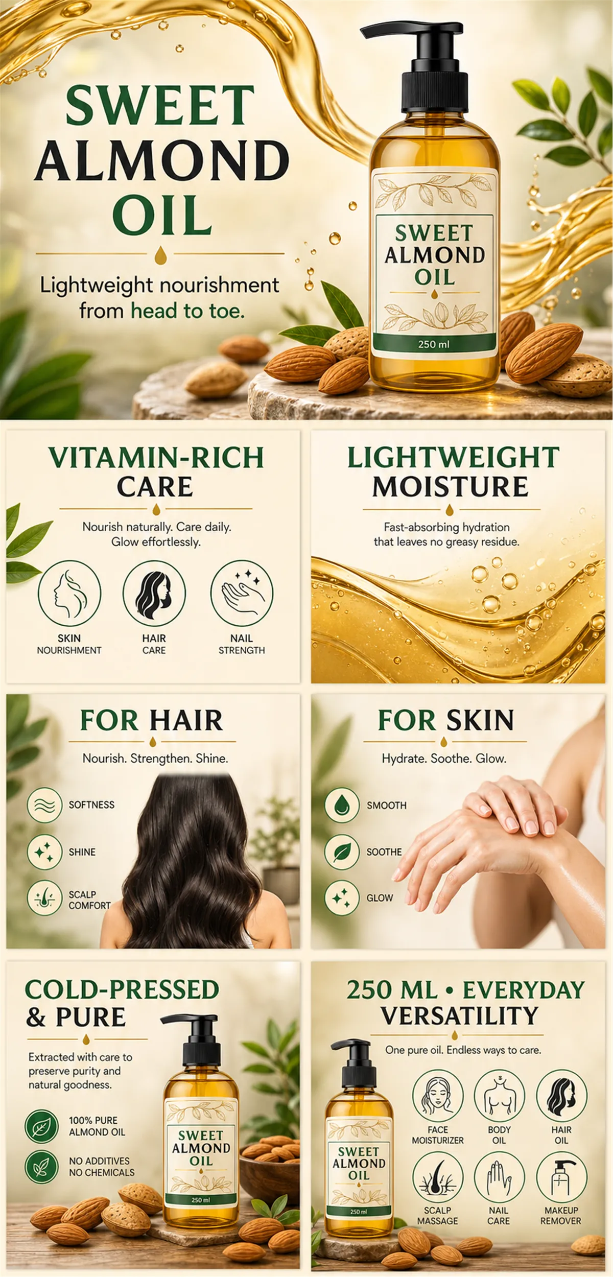 Sweet Almond Oil 250ml Bottle Benefits Infographic｜AI Image Generation Prompts