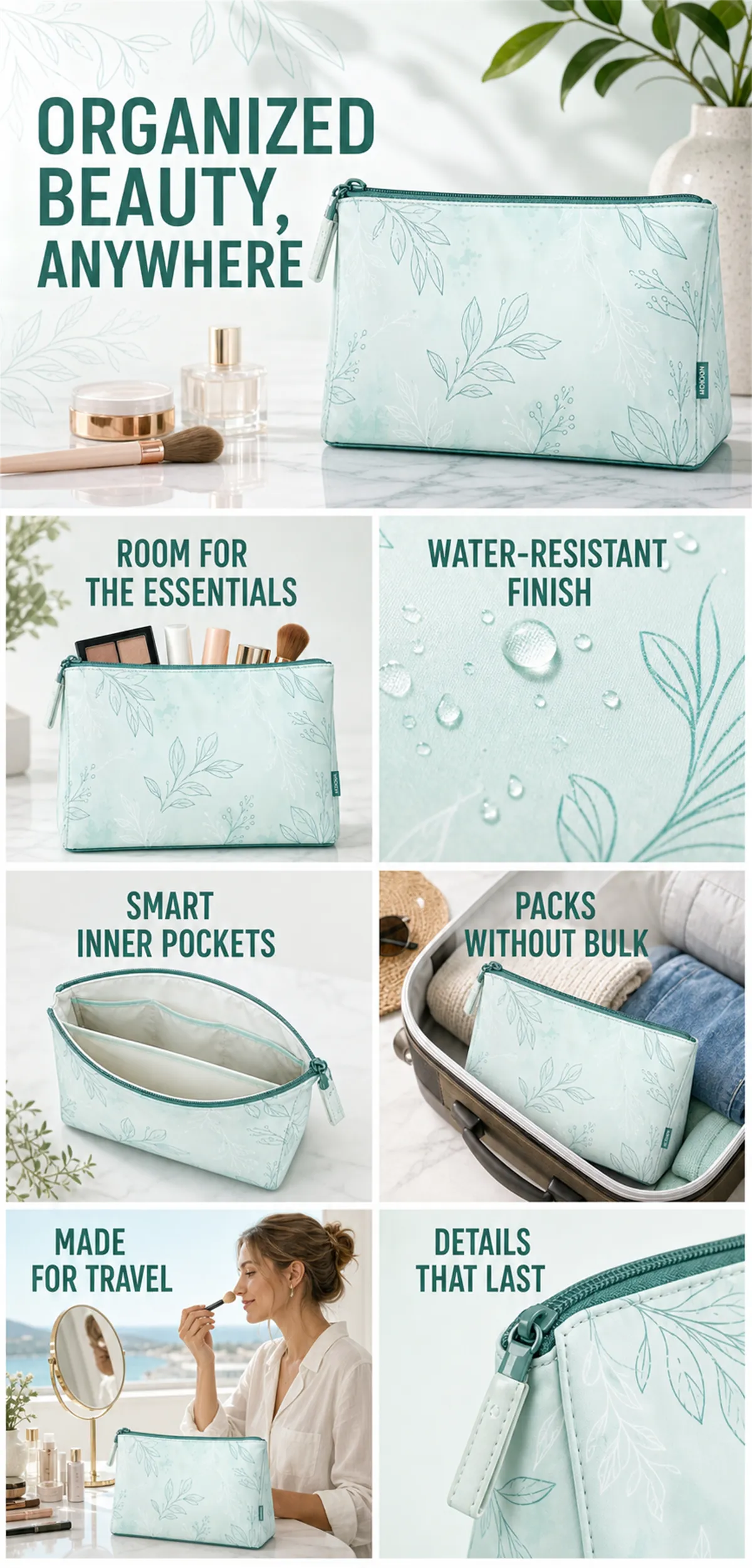 Light Blue Leaf Pattern Cosmetic Bag For Travel｜AI Image Generation Prompts