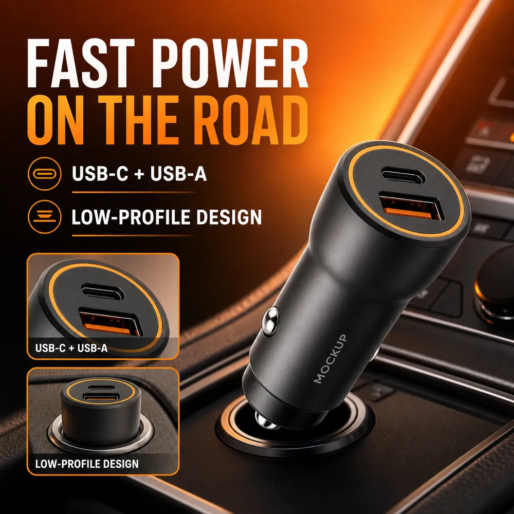 带USB-C和USB-A接口的车载快充｜AI图像生成提示词