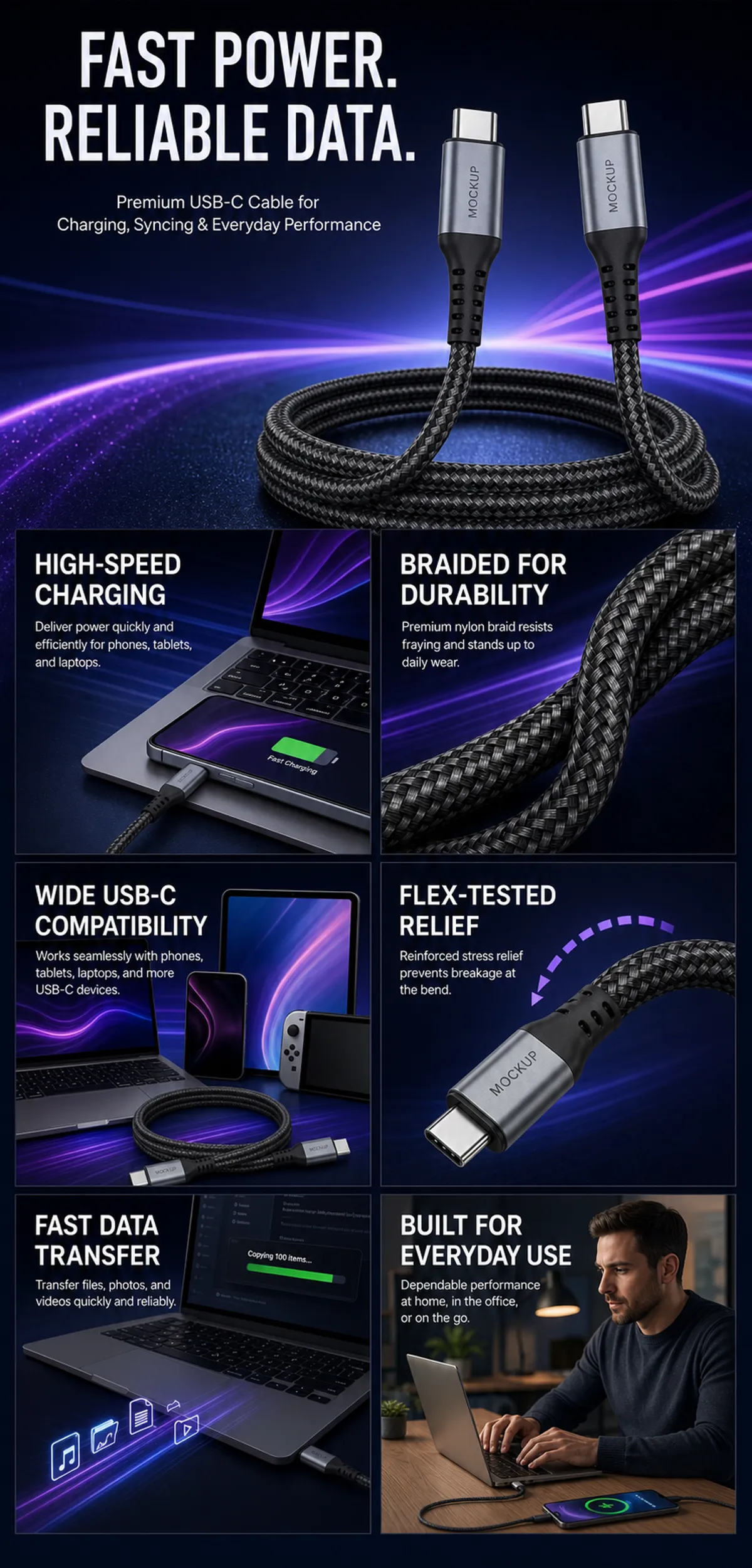 优质USB-C数据线，支持快速充电与数据传输｜AI图像生成提示词
