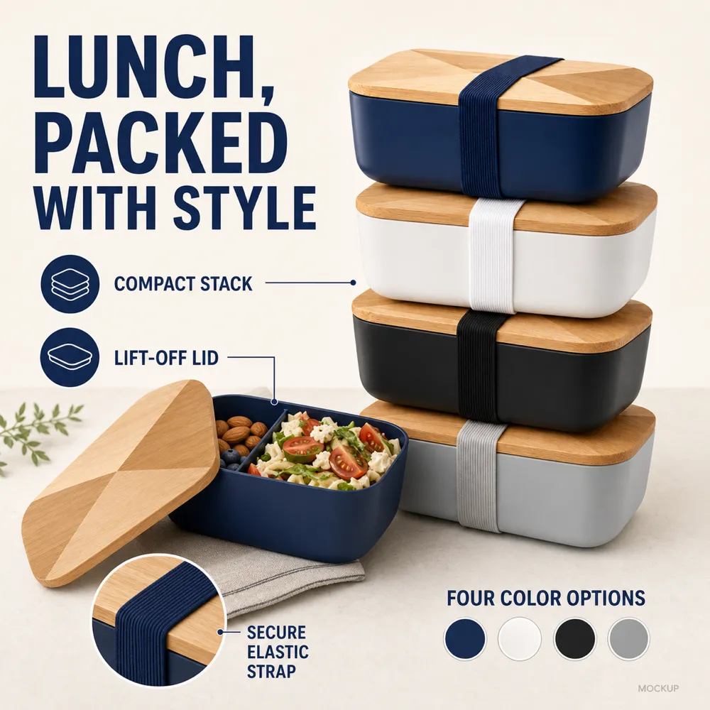 Stylish Stacked Lunch Boxes with Wooden Lids｜AI Image Generation Prompts