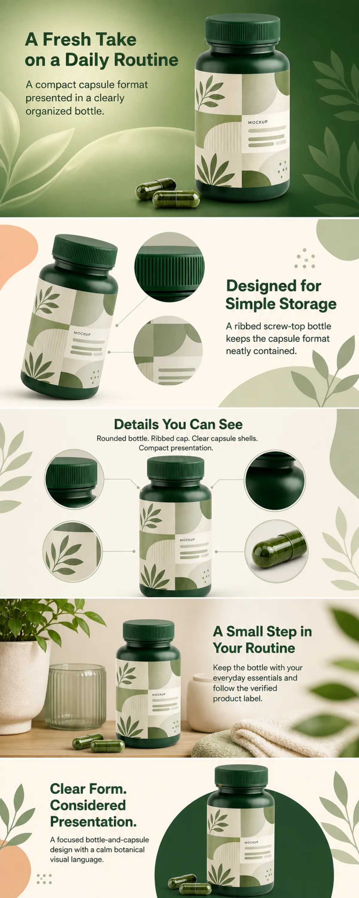 绿色植物膳食补充剂瓶模型设计｜AI图像生成提示词
