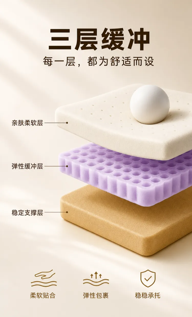 三层泡沫缓冲结构，舒适贴合｜AI图像生成提示词