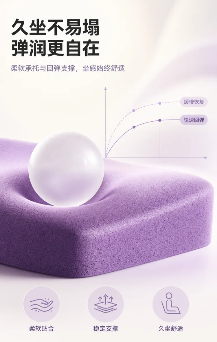 紫色泡沫缓冲垫用球回弹演示｜AI图像生成提示词