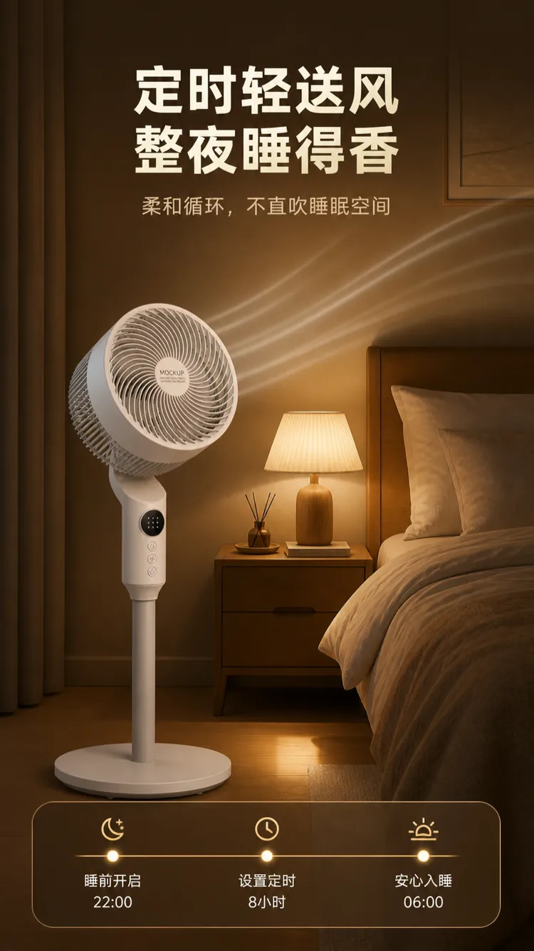 夜晚，温馨卧室里静静伫立的白色落地扇｜AI图像生成提示词