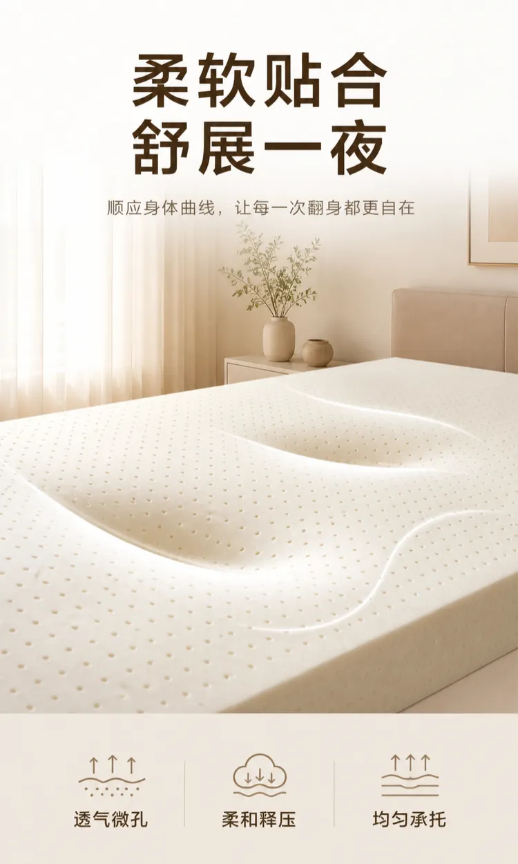 柔软人体工学泡沫床垫，配有透气表层｜AI图像生成提示词