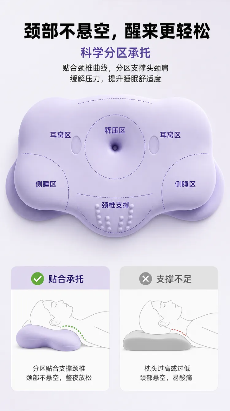 符合人体工学的颈椎枕，采用分区支撑设计｜AI图像生成提示词