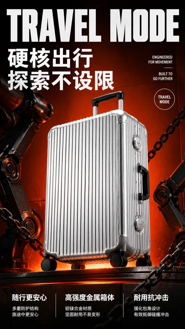 银色铝制行李箱旅行模式海报｜AI图像生成提示词