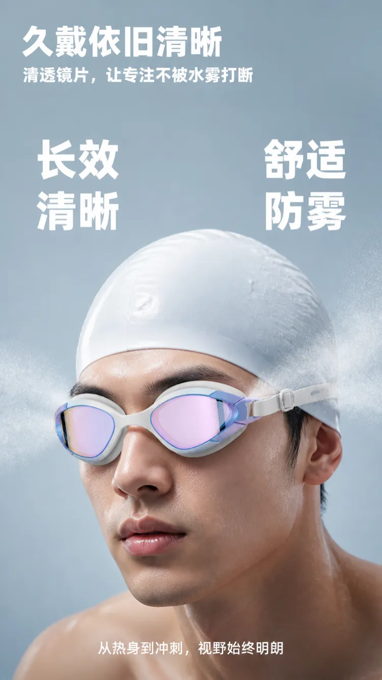 戴着防雾泳镜和白色泳帽的男子｜AI图像生成提示词