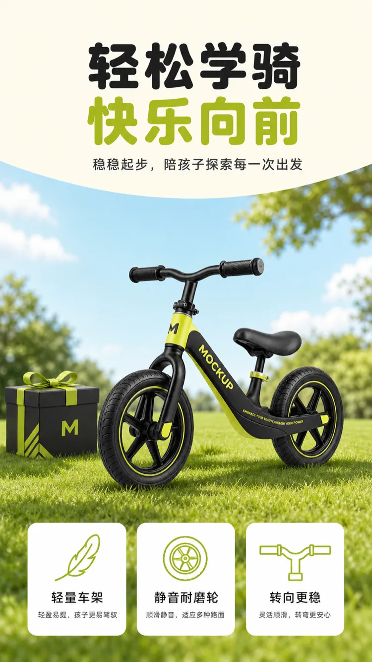 草地上带有礼品盒的儿童平衡车模型｜AI图像生成提示词