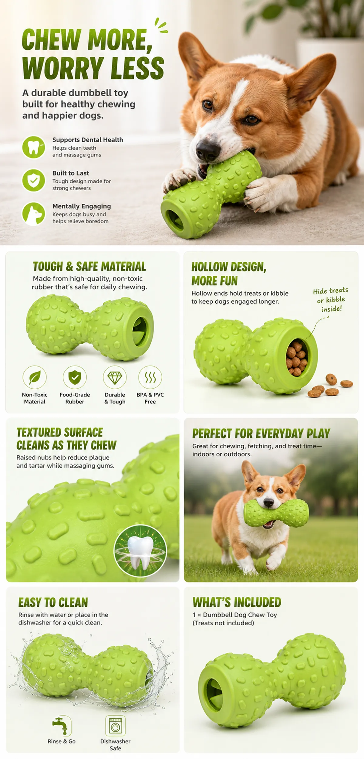 Durable Green Dumbbell Dog Chew Toy for Dental Health｜AI Image Generation Prompts