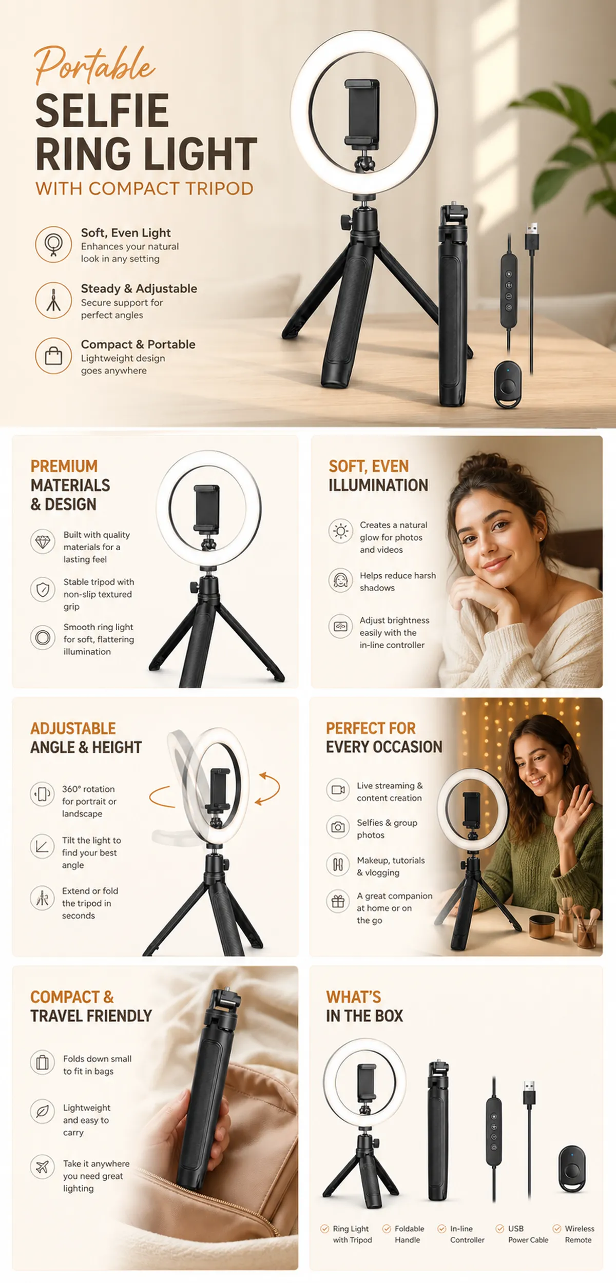 Portable Selfie Ring Light with Compact Tripod｜AI Image Generation Prompts