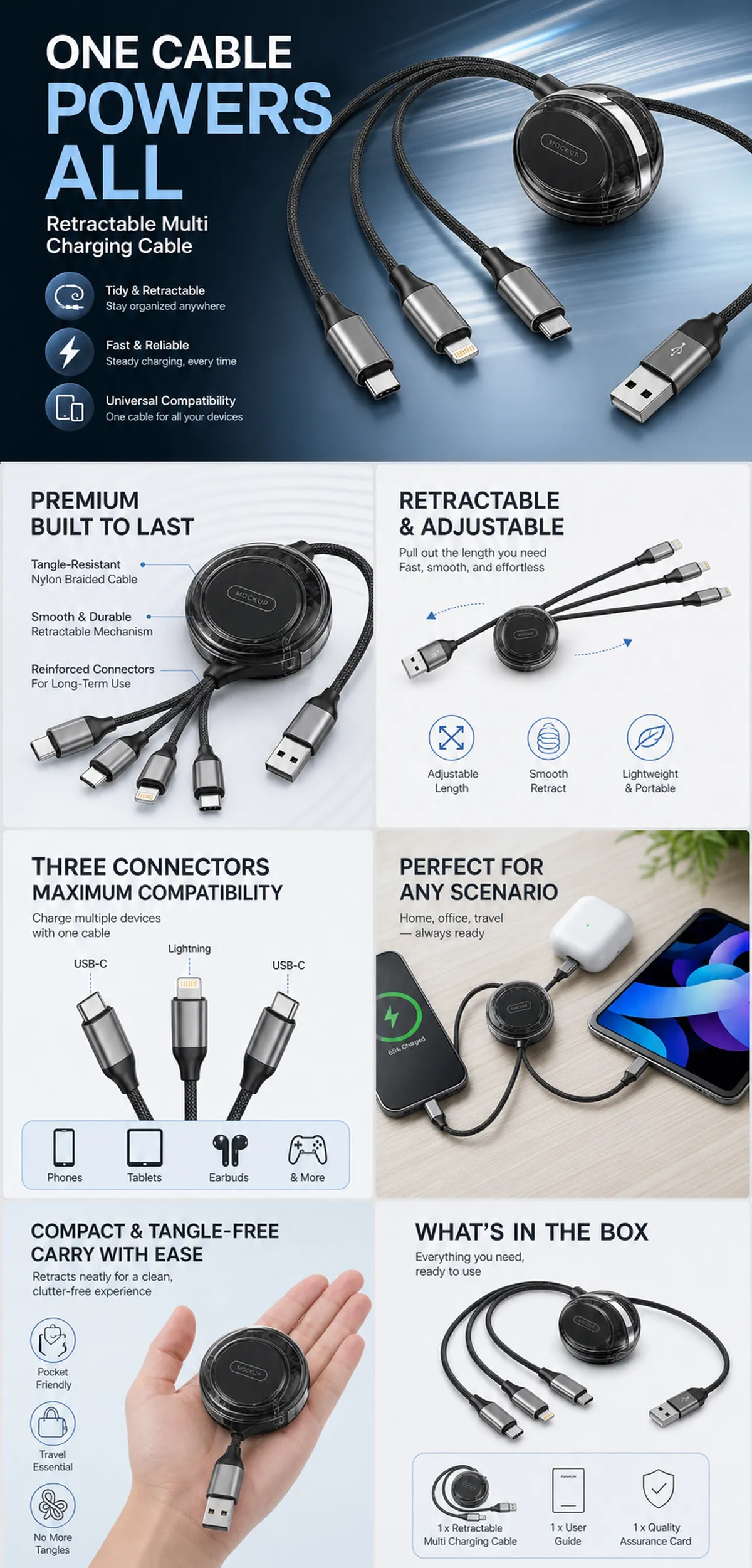 可伸缩多接口充电线，配备USB-C与Lightning接口｜AI图像生成提示词