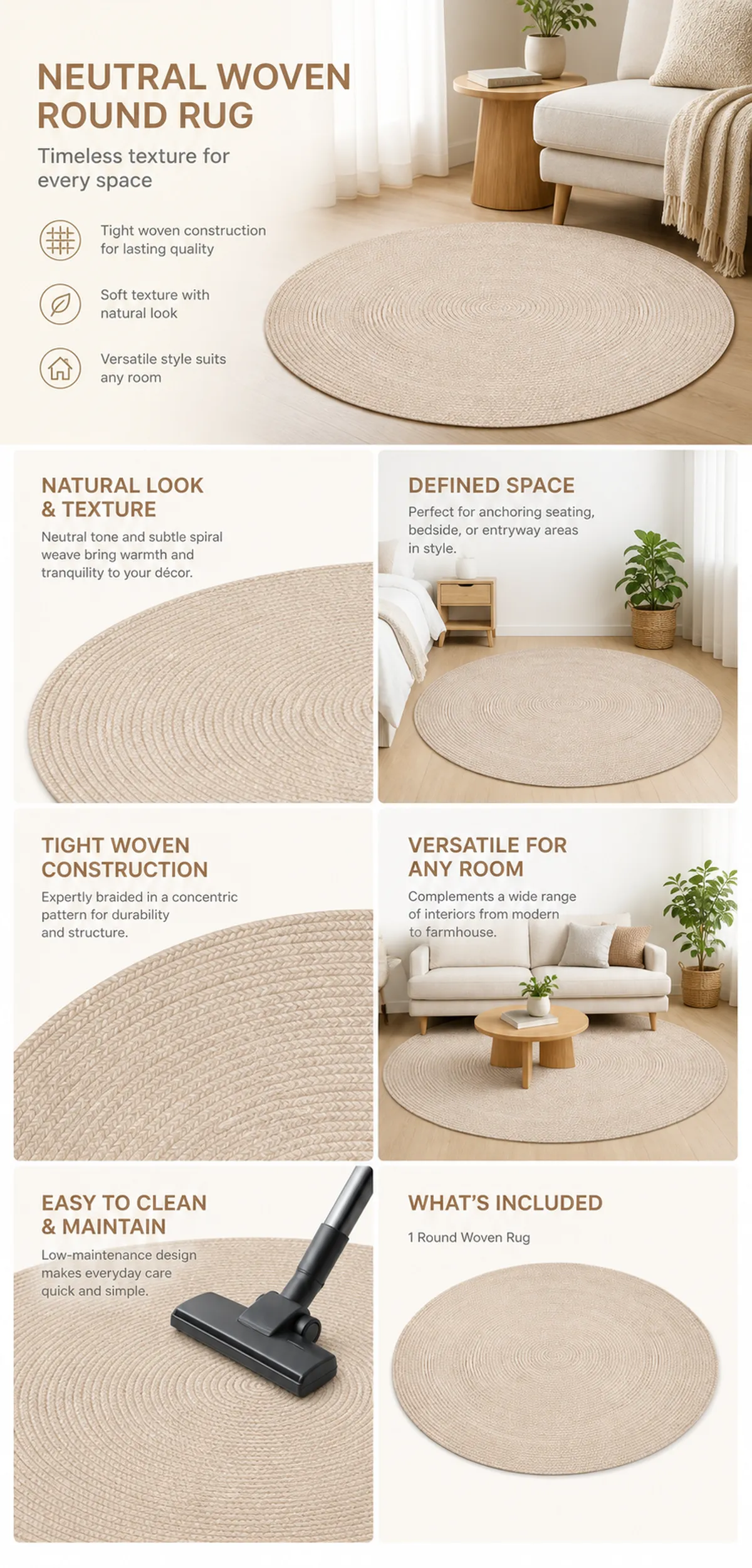 Neutral Woven Round Rug with Natural Texture｜AI Image Generation Prompts
