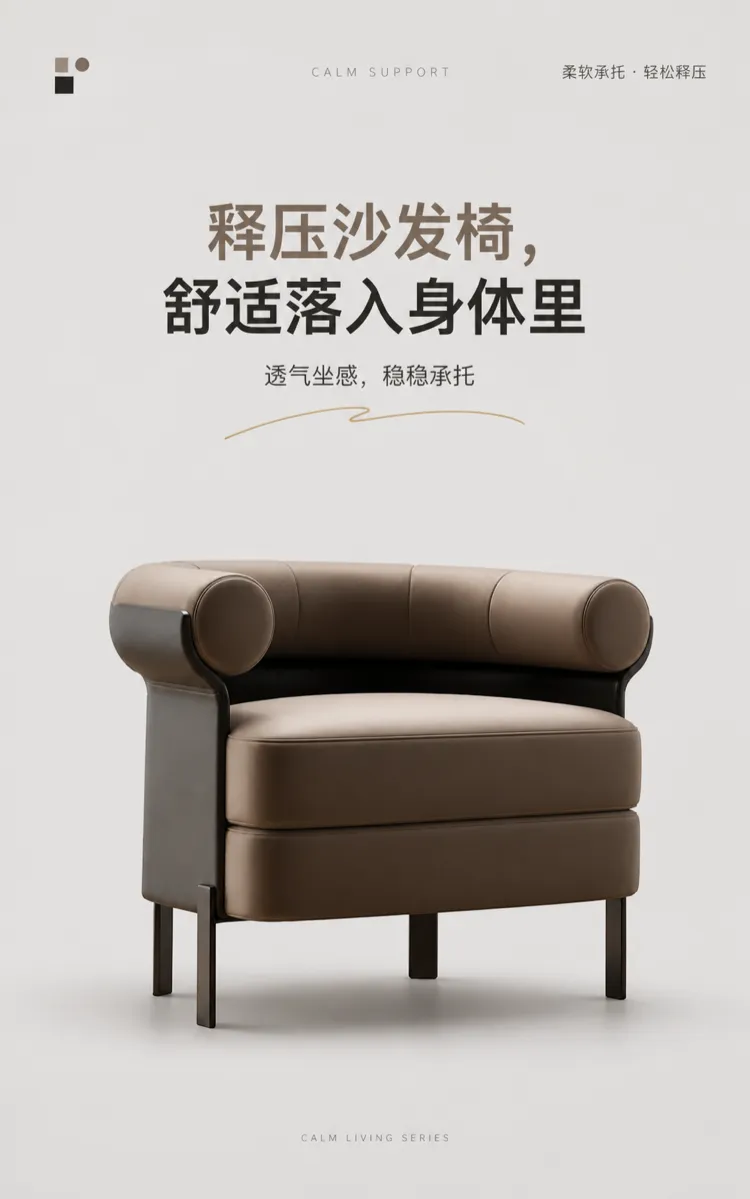 棕色皮革沙发椅，提供舒缓支撑｜AI图像生成提示词