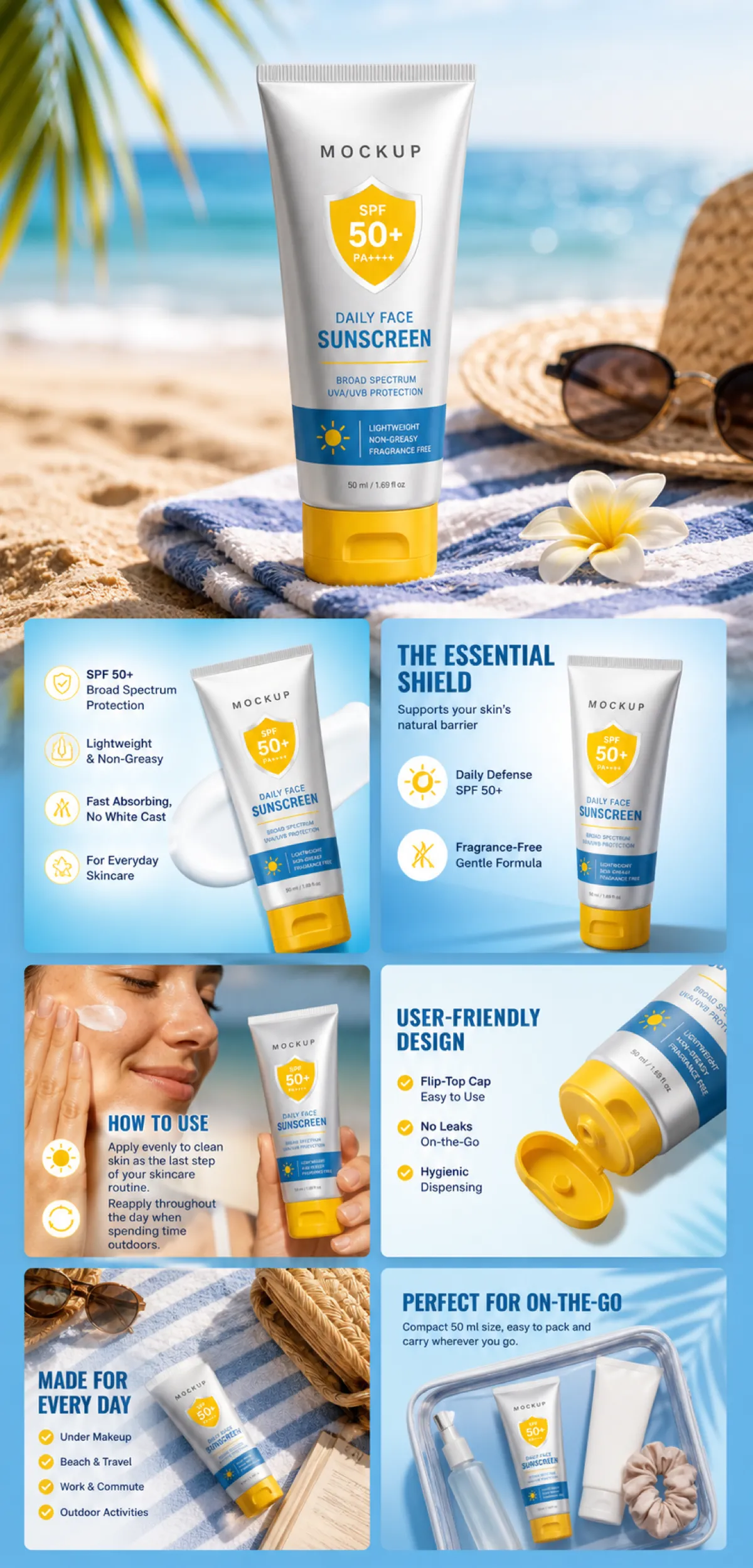 海滩上的每日面部防晒霜SPF 50+管状包装效果图｜AI图像生成提示词