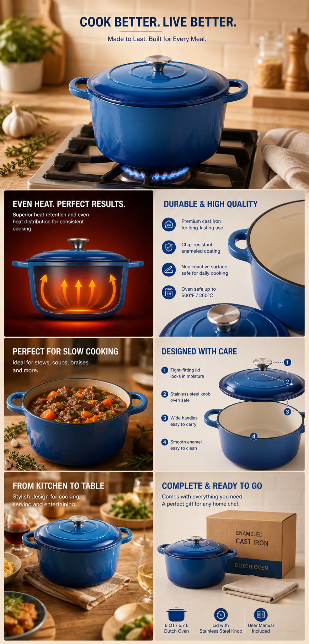Blue Enameled Cast Iron Dutch Oven Features｜AI Image Generation Prompts