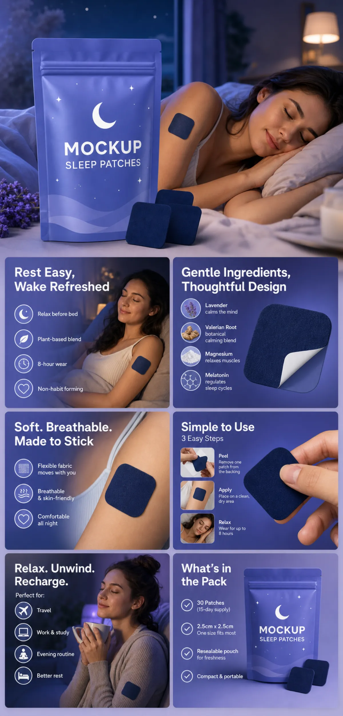 睡眠贴片样机包装与信息图设计｜AI图像生成提示词