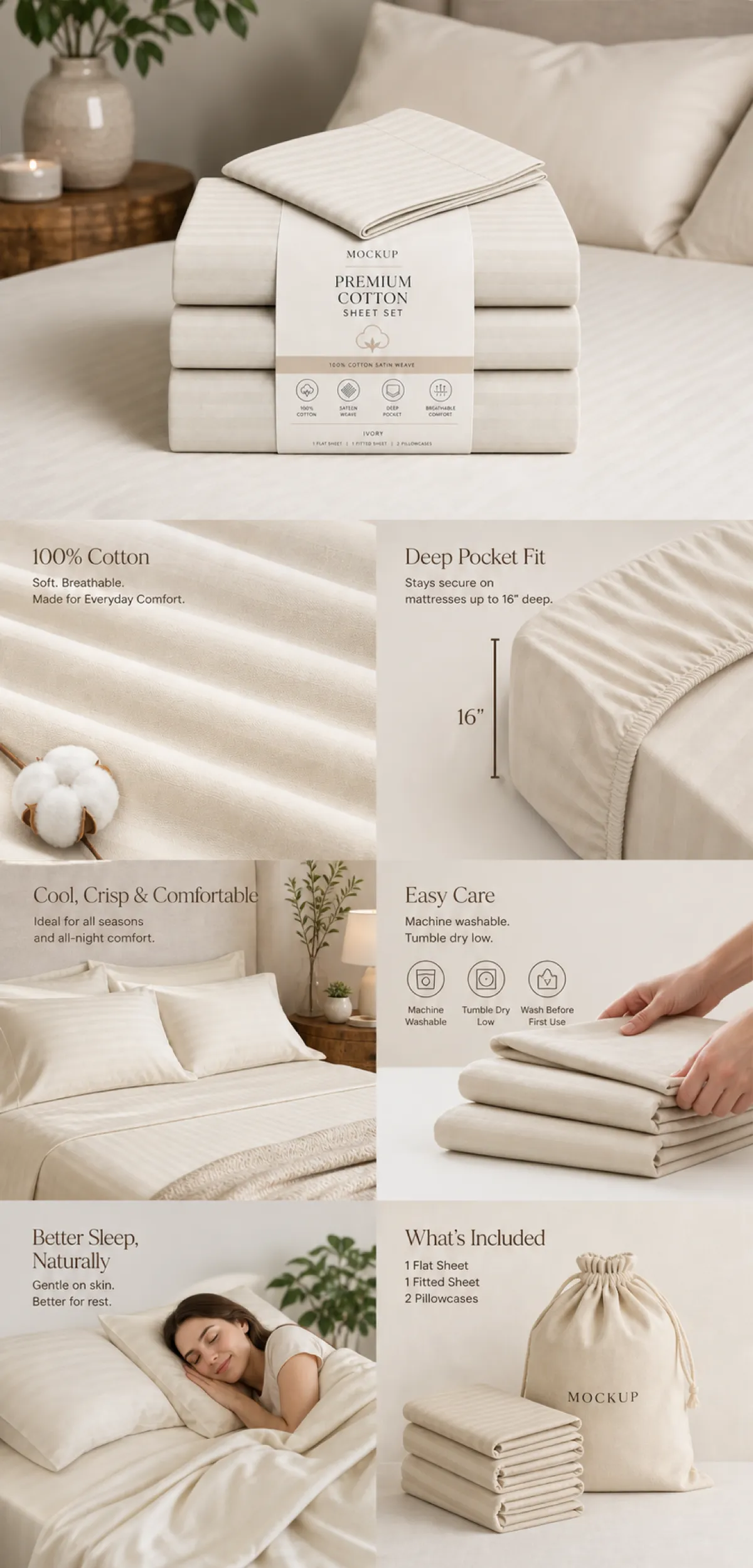 Premium Cotton Sheet Set Mockup - Ivory Satin Weave｜AI Image Generation Prompts