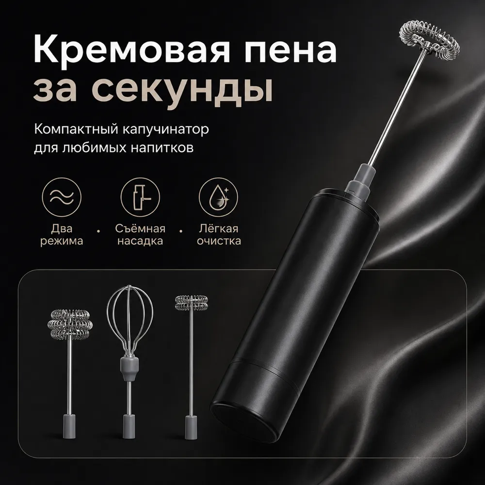 黑色手持式奶泡器，配有可更换搅拌头｜AI图像生成提示词