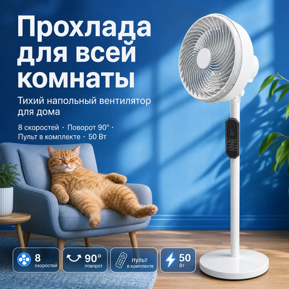 客厅里的白色落地扇与悠闲的猫咪｜AI图像生成提示词