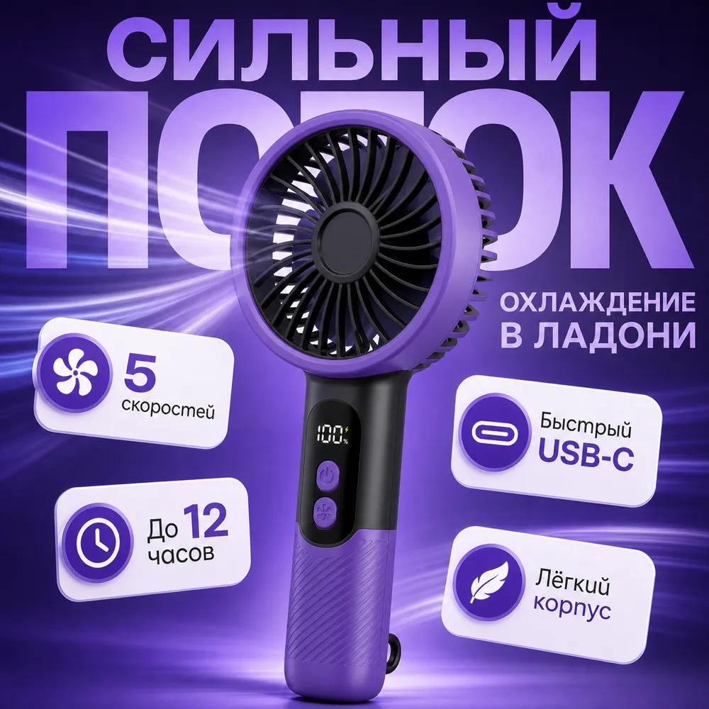 紫色手持风扇，5档风速，支持USB-C接口｜AI图像生成提示词