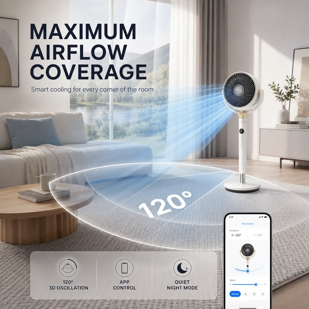带120°摇头功能与App控制的智能风扇｜AI图像生成提示词