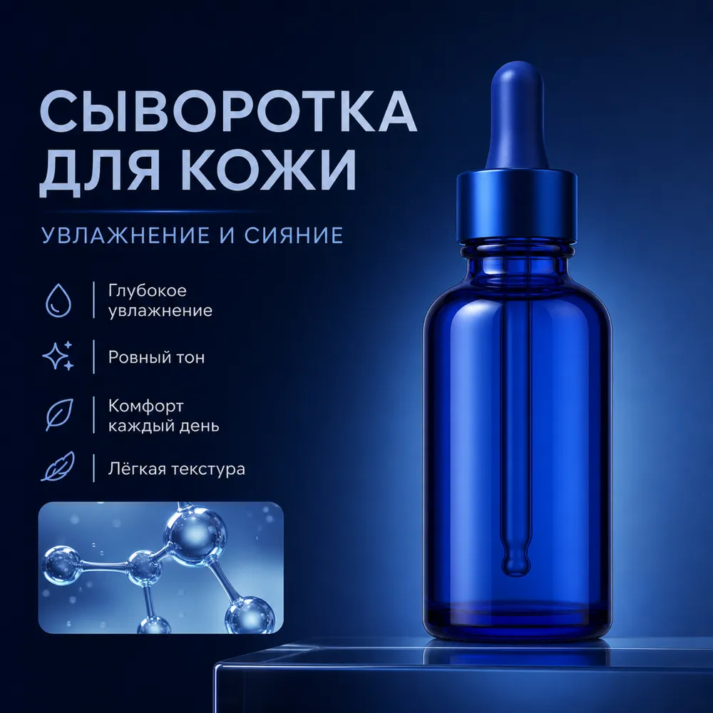 带滴管的蓝色玻璃护肤精华瓶｜AI图像生成提示词