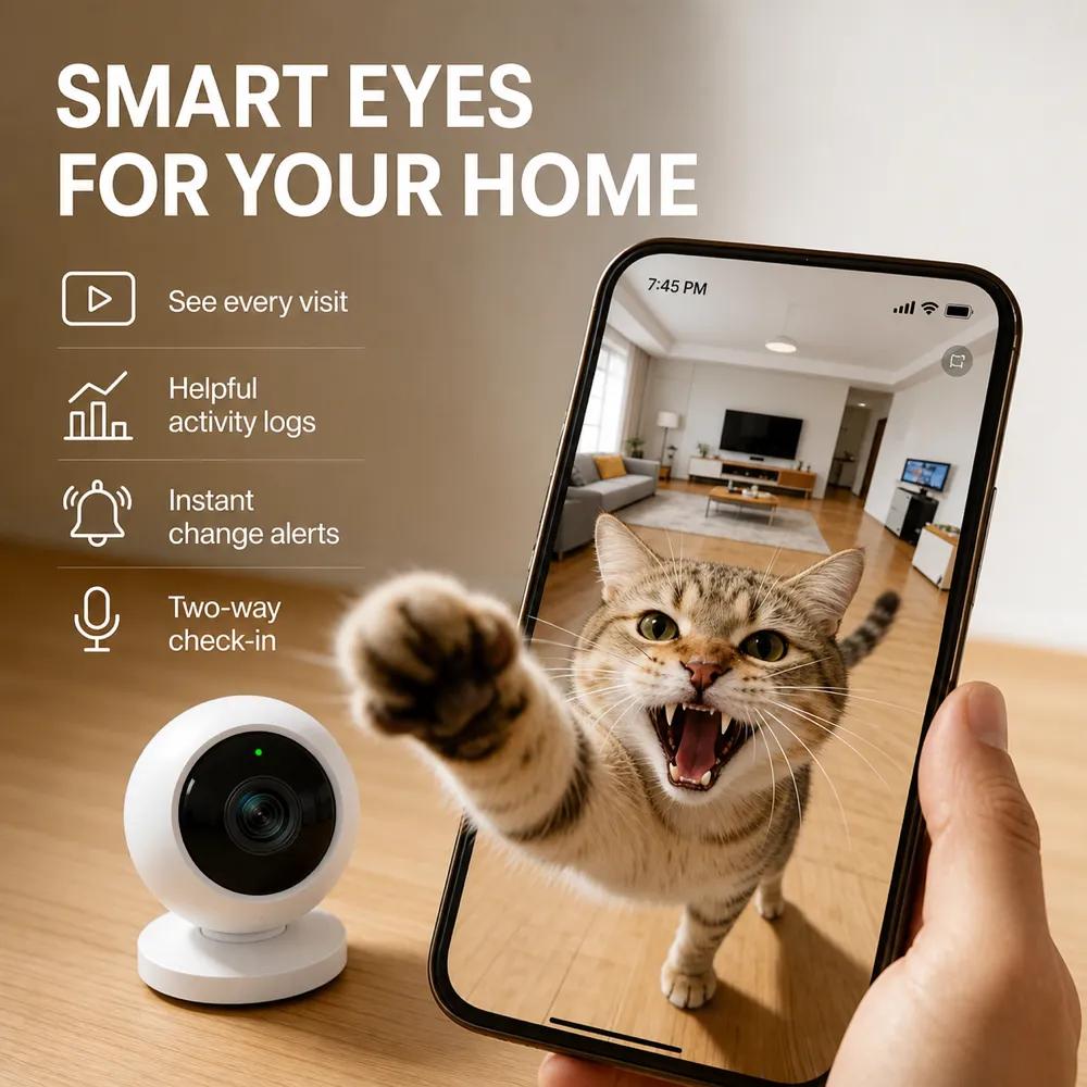智能家居摄像头通过智能手机监控猫咪｜AI图像生成提示词