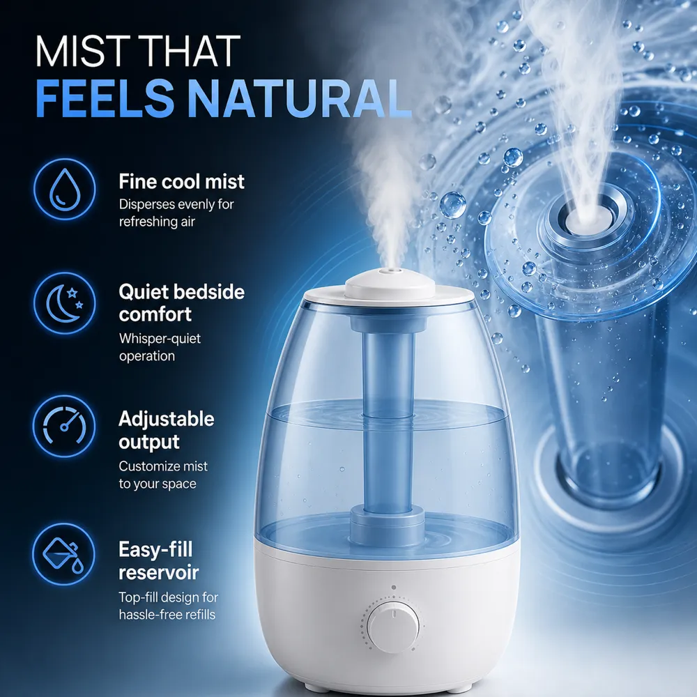静音冷雾加湿器，配备便捷注水储水箱｜AI图像生成提示词