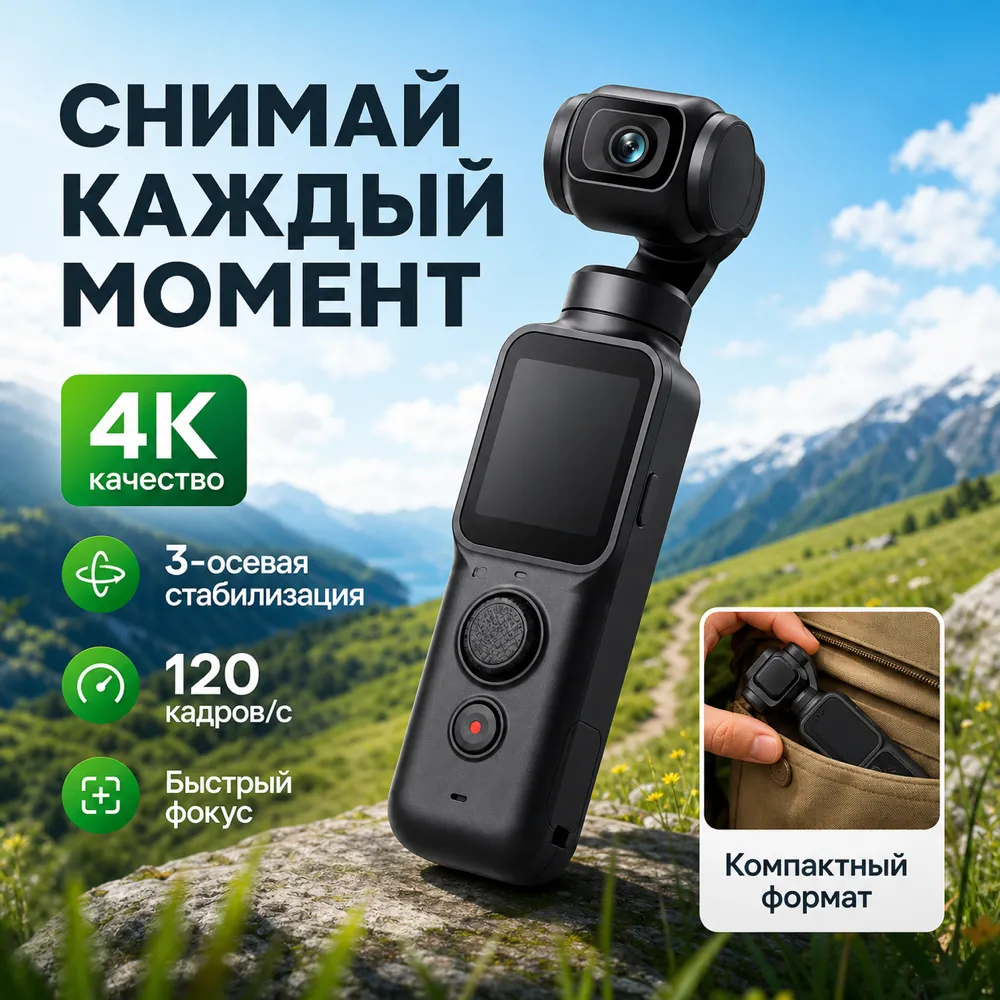 自然风光中的紧凑型4K手持云台相机｜AI图像生成提示词