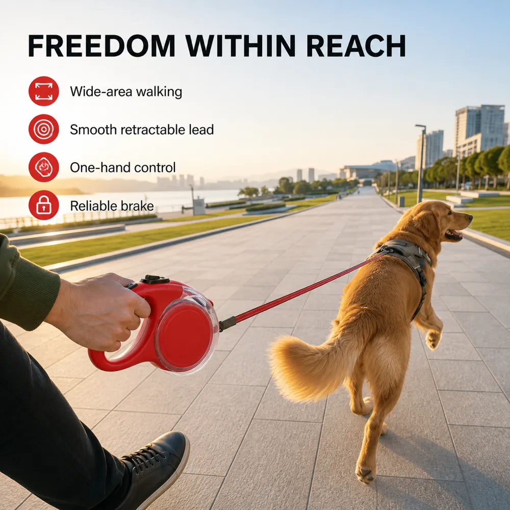 一名人士牵着一只金色猎犬，使用红色可伸缩牵引绳｜AI图像生成提示词