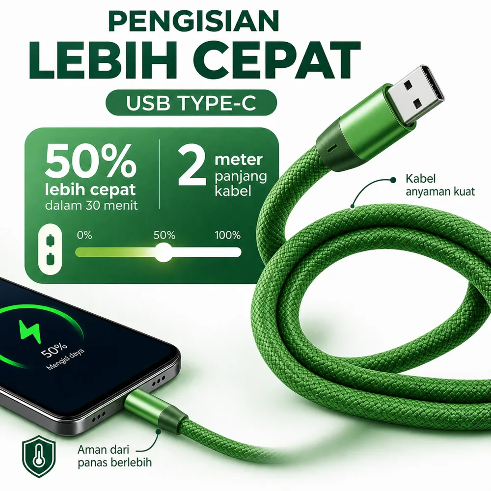 绿色编织USB Type-C快充数据线 2米｜AI图像生成提示词