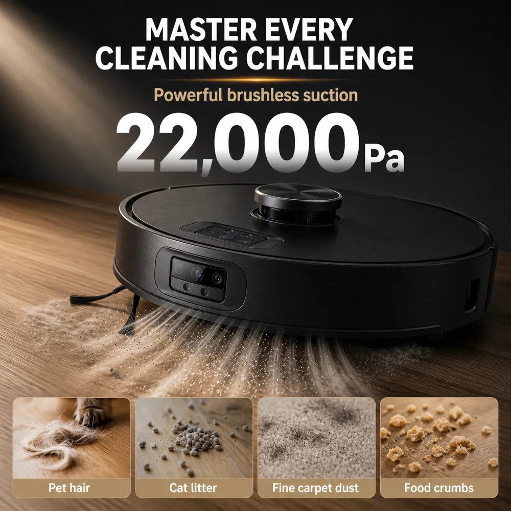 黑色机器人吸尘器，22000Pa超强吸力｜AI图像生成提示词