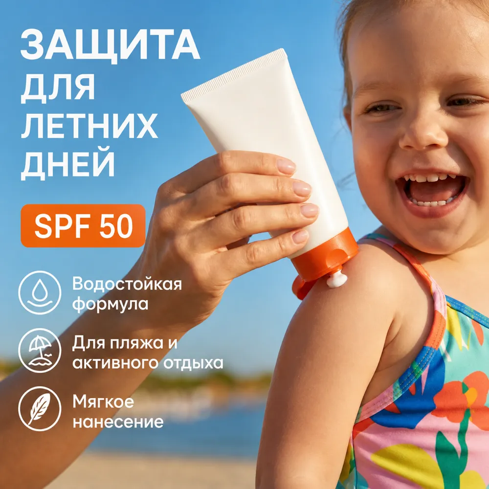 在海滩上为一名微笑的孩子涂抹SPF 50的防晒霜｜AI图像生成提示词