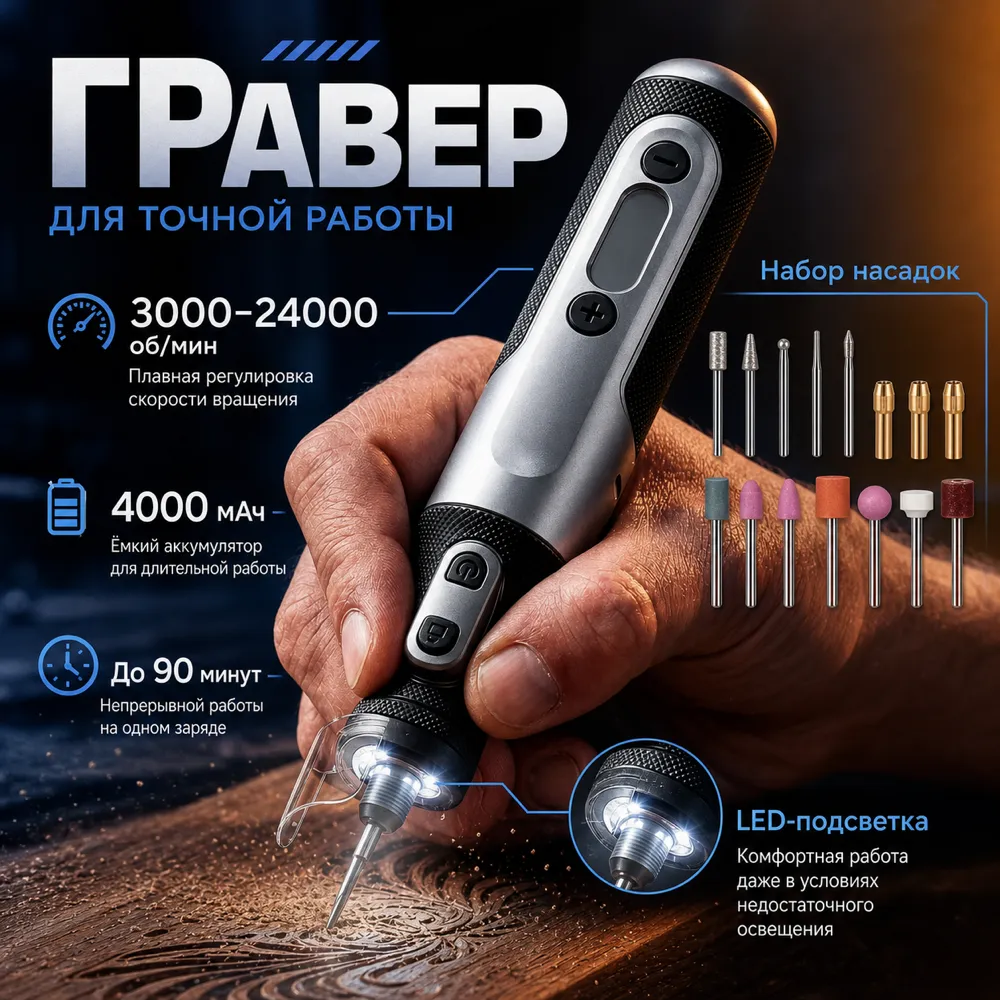 带LED灯和钻头的手持式旋转雕刻工具｜AI图像生成提示词