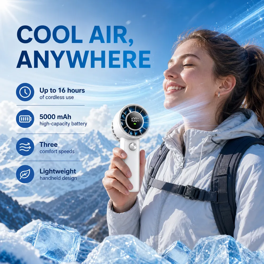 女子在雪山中使用便携式手持风扇｜AI图像生成提示词