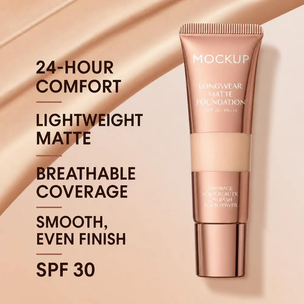 带SPF 30的持久哑光粉底管状产品模型｜AI图像生成提示词
