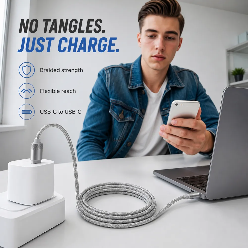 编织款USB-C转USB-C充电线，适用于笔记本电脑与手机｜AI图像生成提示词