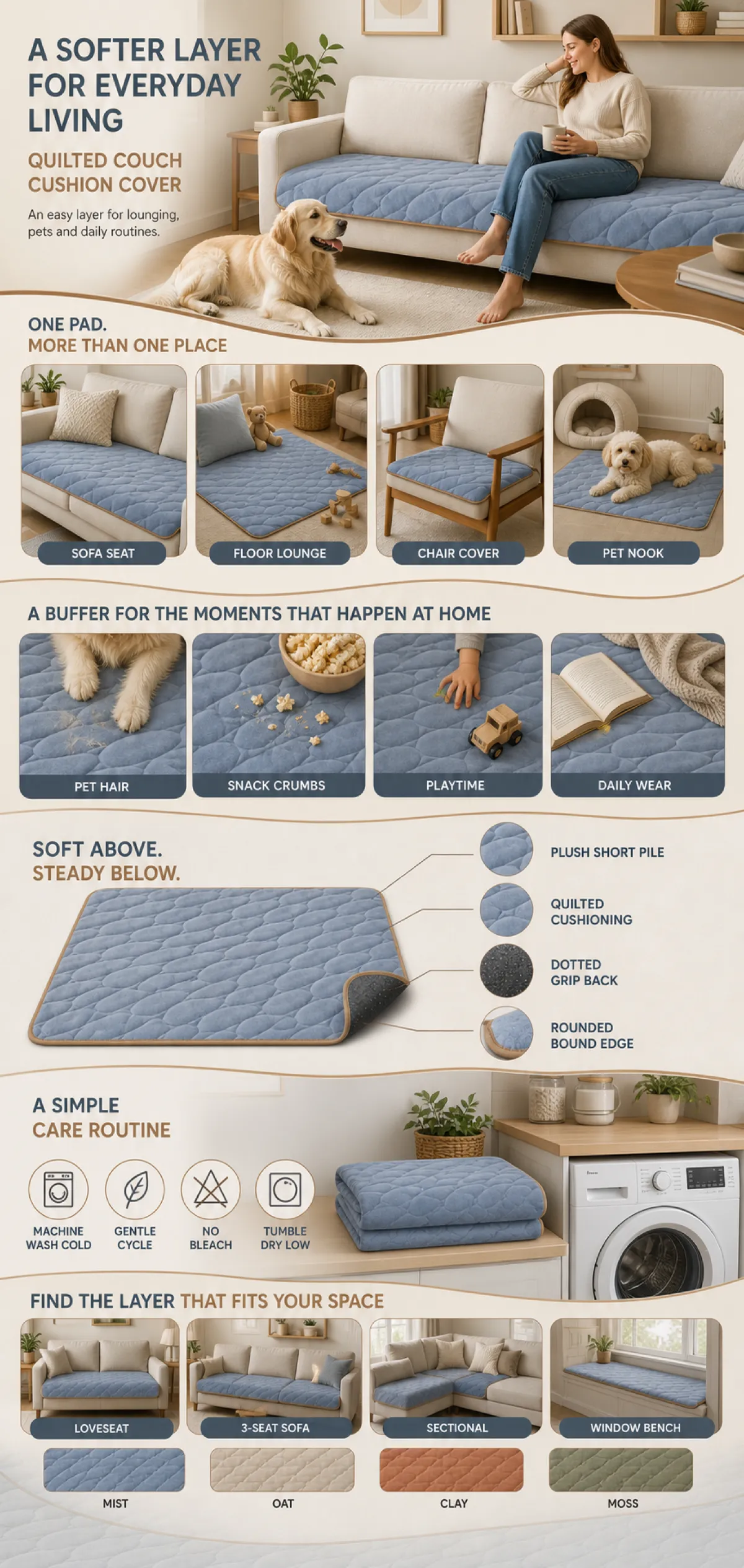 Quilted Couch Cushion Cover for Everyday Living｜AI Image Generation Prompts