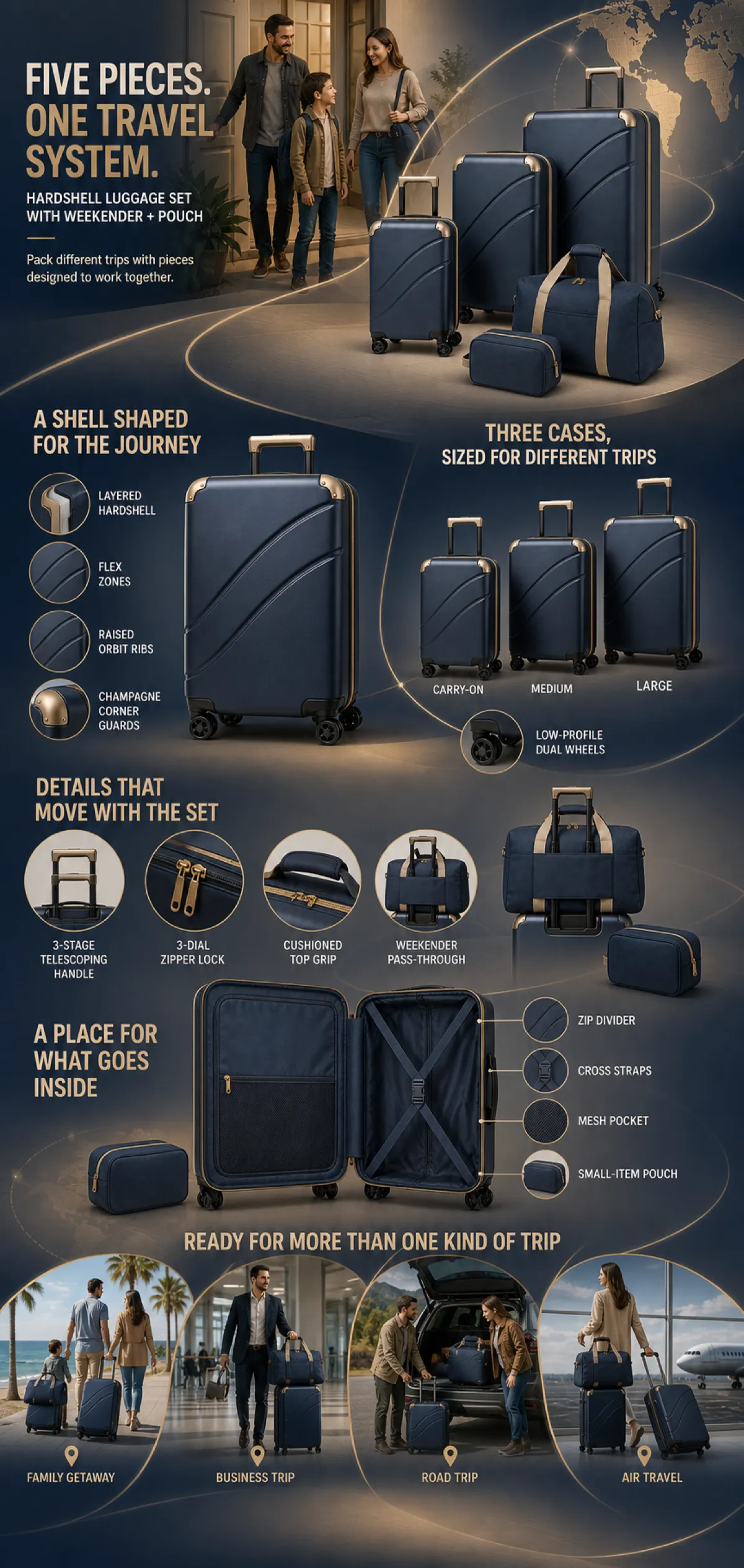 Five-Piece Blue Hardshell Luggage Set with Weekender｜AI Image Generation Prompts