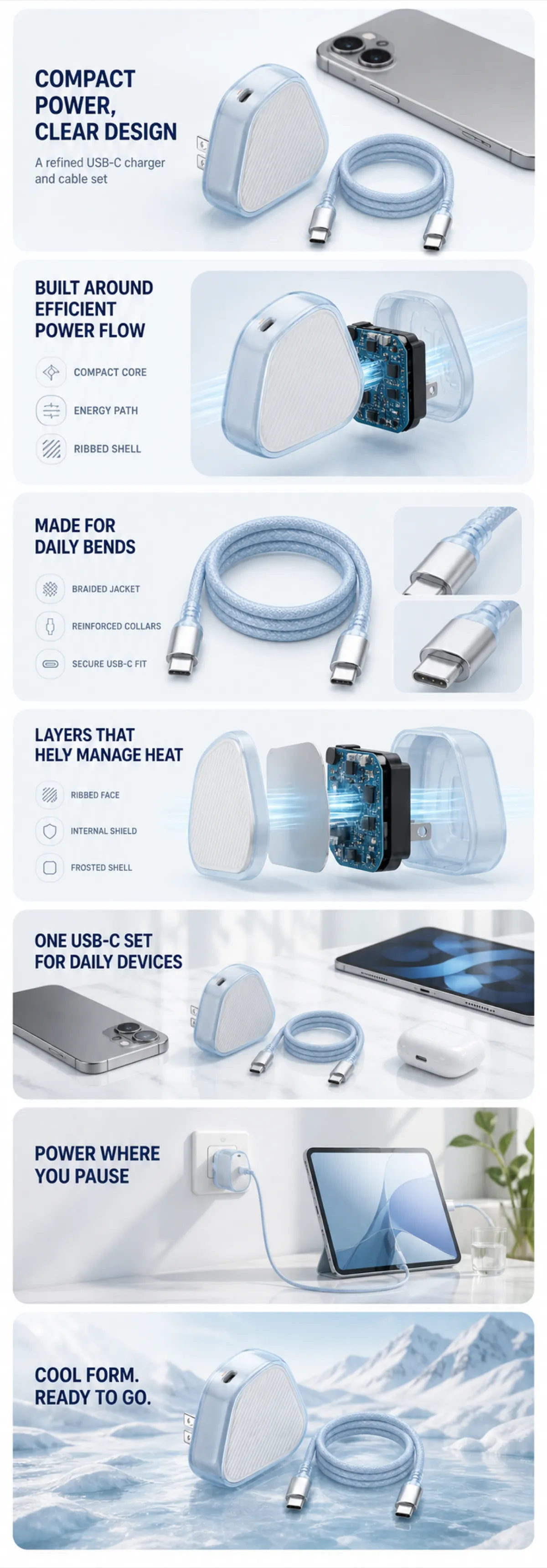 紧凑型USB-C充电器与编织数据线套装｜AI图像生成提示词