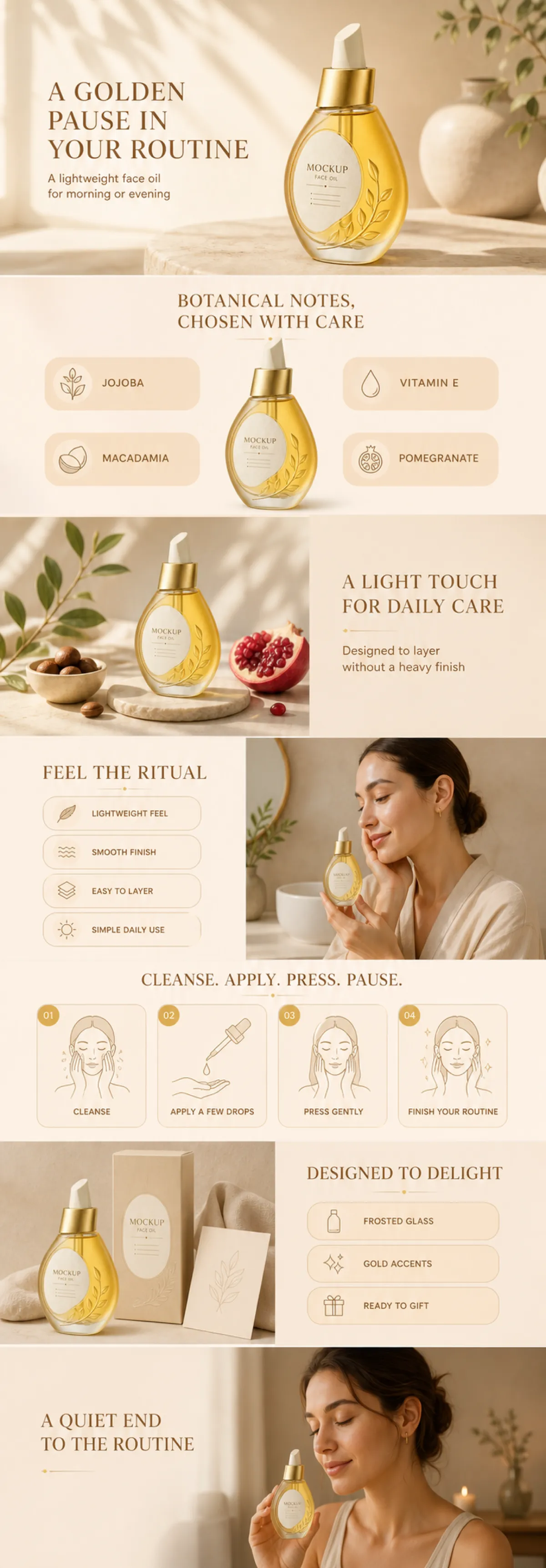 Golden Face Oil Bottle Mockup and Skincare Routine Guide｜AI Image Generation Prompts