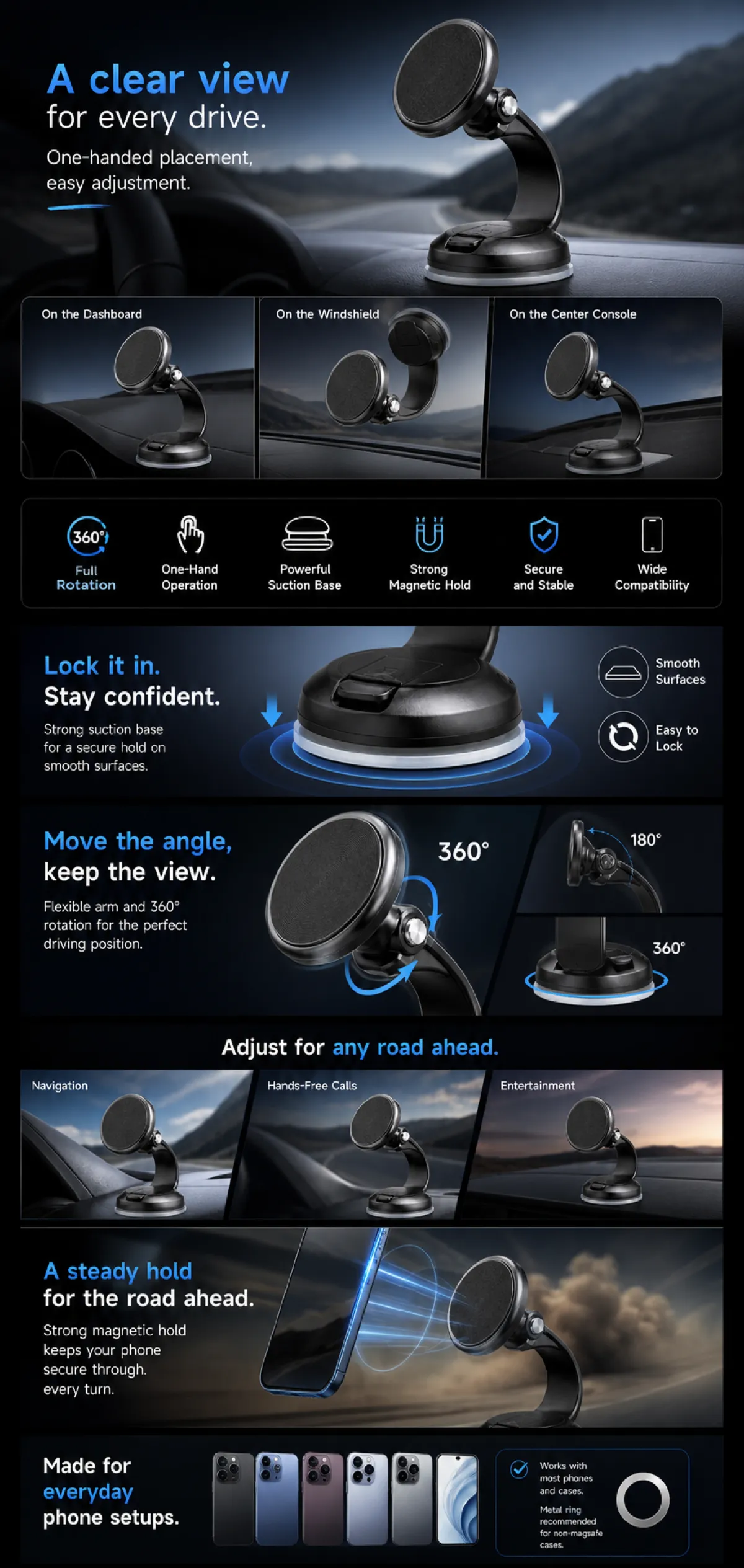 Magnetic Car Phone Holder with Strong Suction Base｜AI Image Generation Prompts