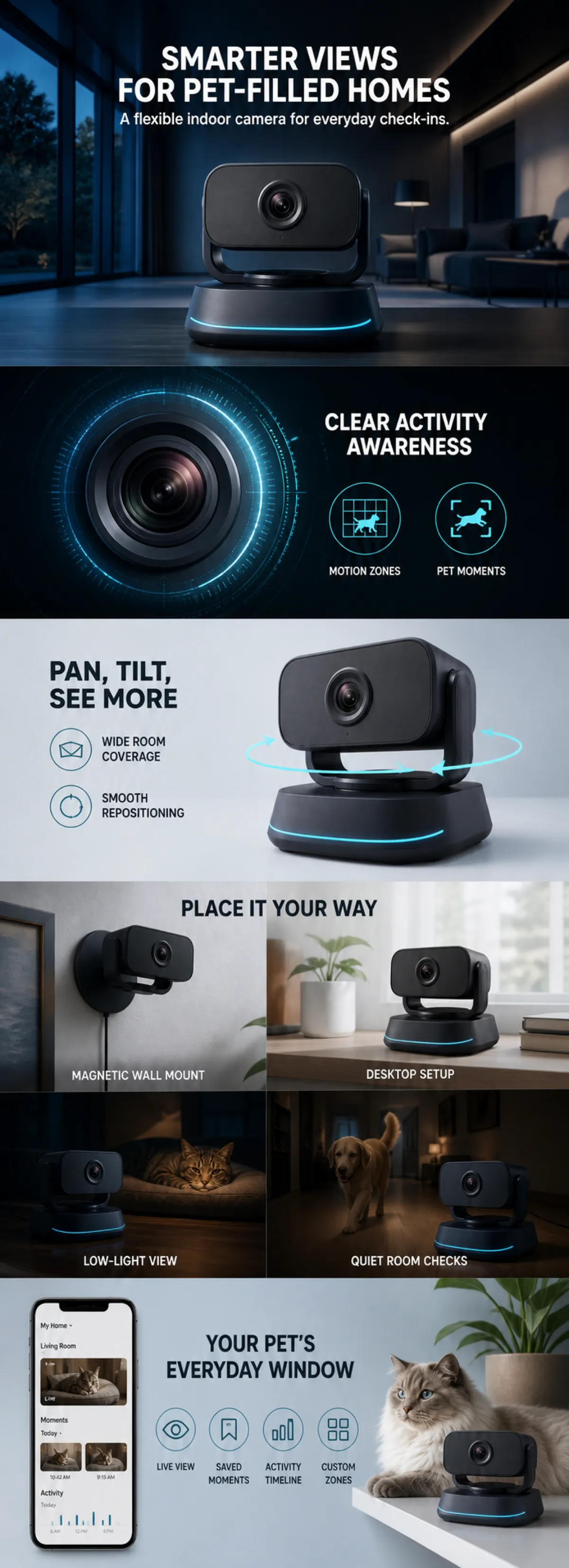 Smart Indoor Pet Camera with Pan Tilt and App Control｜AI Image Generation Prompts