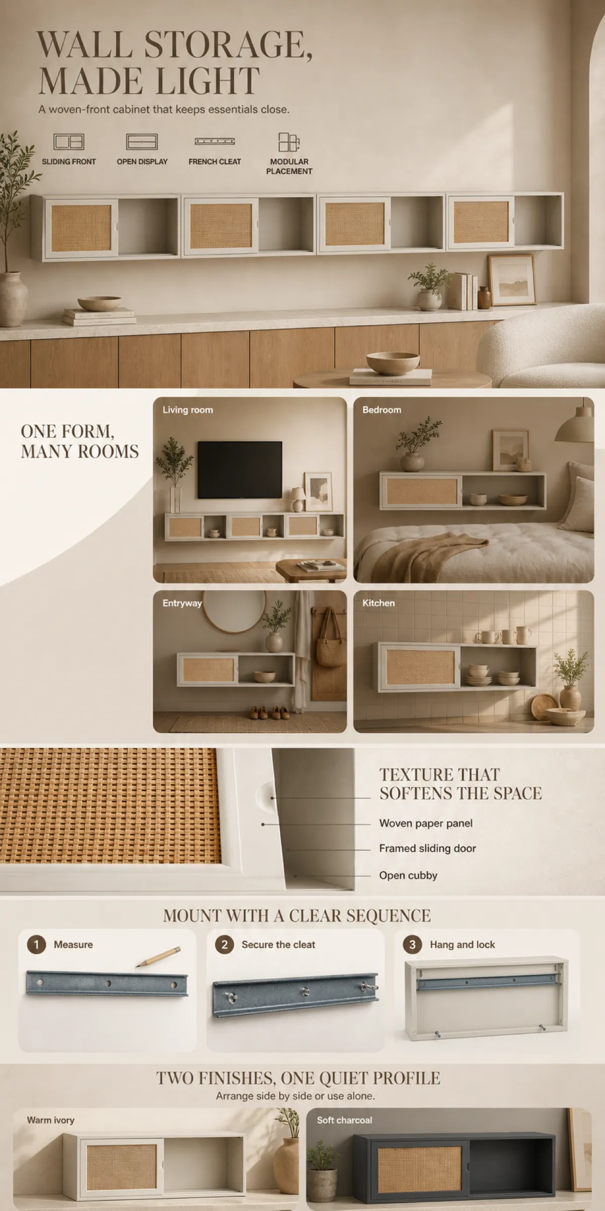 Modular Woven Wall Storage Cabinet with Sliding Doors｜AI Image Generation Prompts